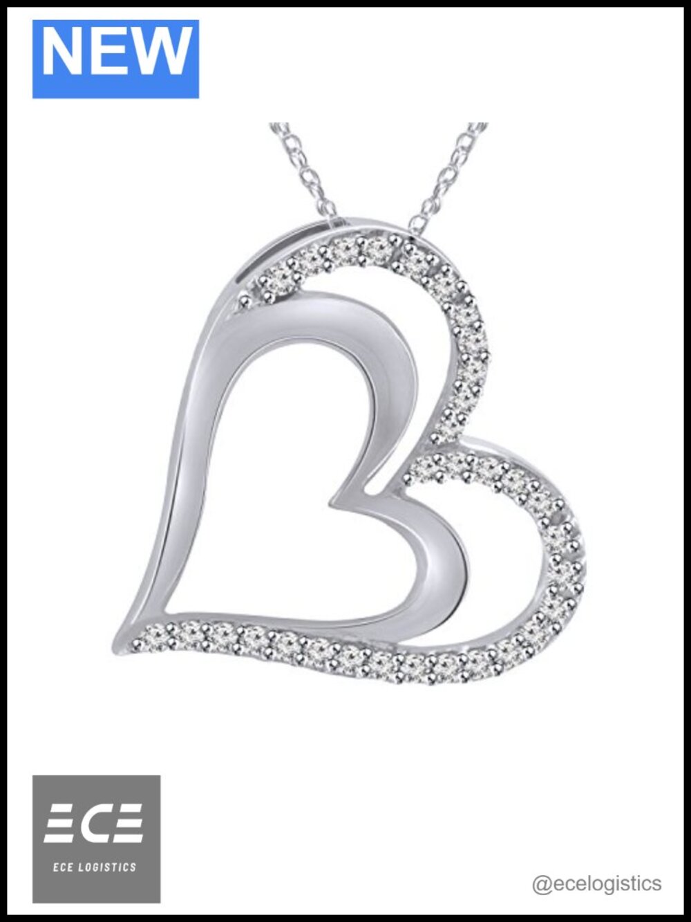 S925 Sterling Silver Round Cut Diamond Double Heart Pendant Necklace 18" Chain